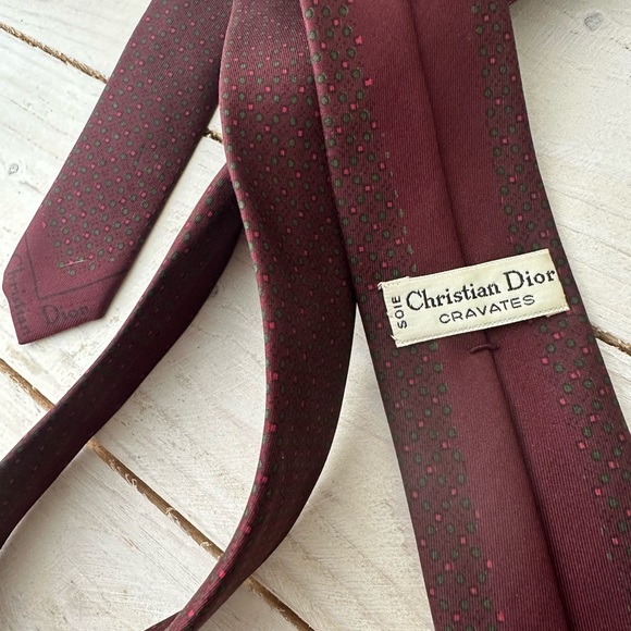 Vintage Christian Dior Cravates Maroon Mini Dots Silk Skinny Tie - Picture 2 of 5